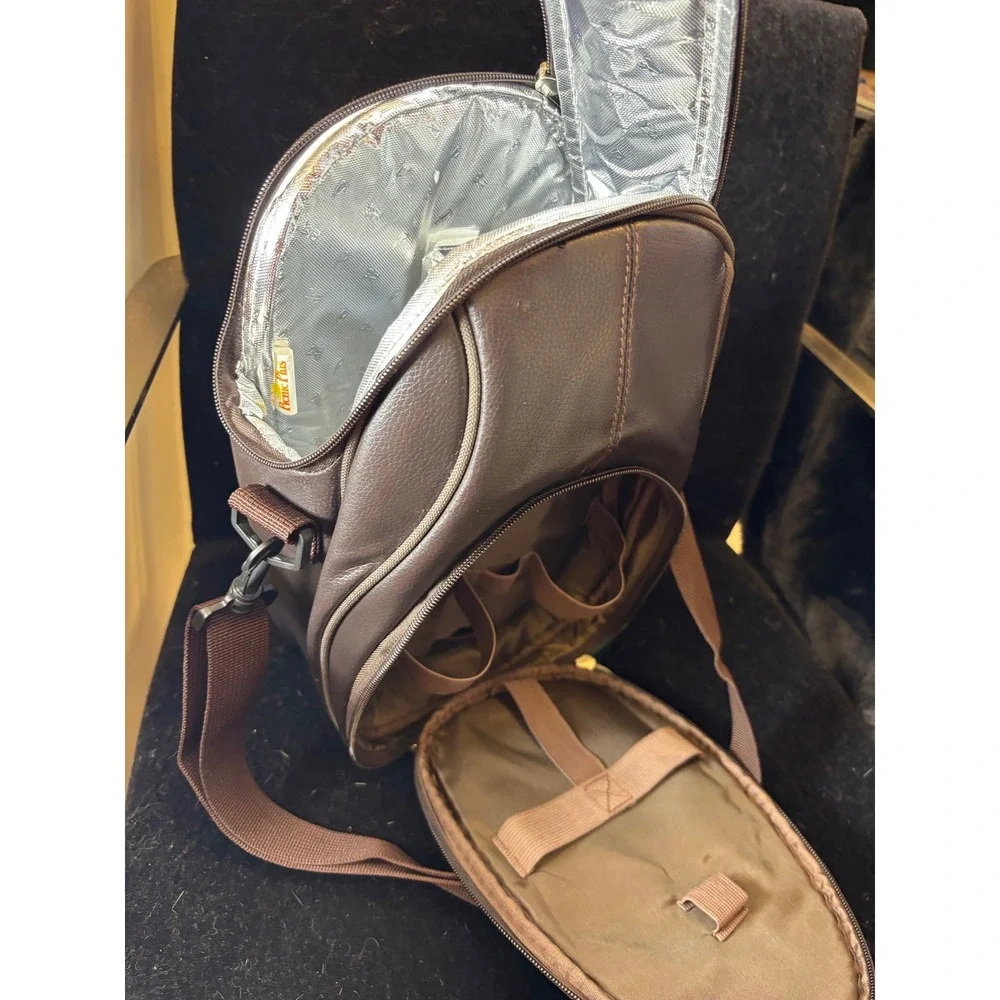 Picnic Plus Brown Faux Leather Insulated Wine Bottle Carrier Sling Bag Travel